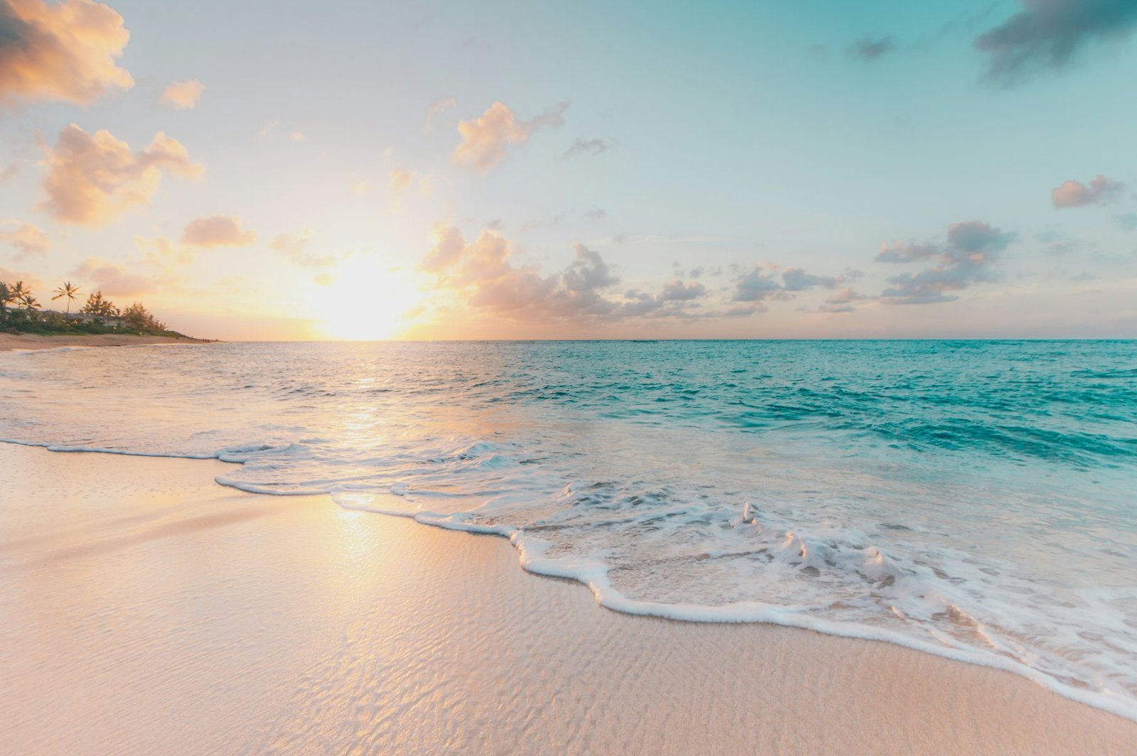 Tropical Hawaiian beach with turquoise water and palm trees