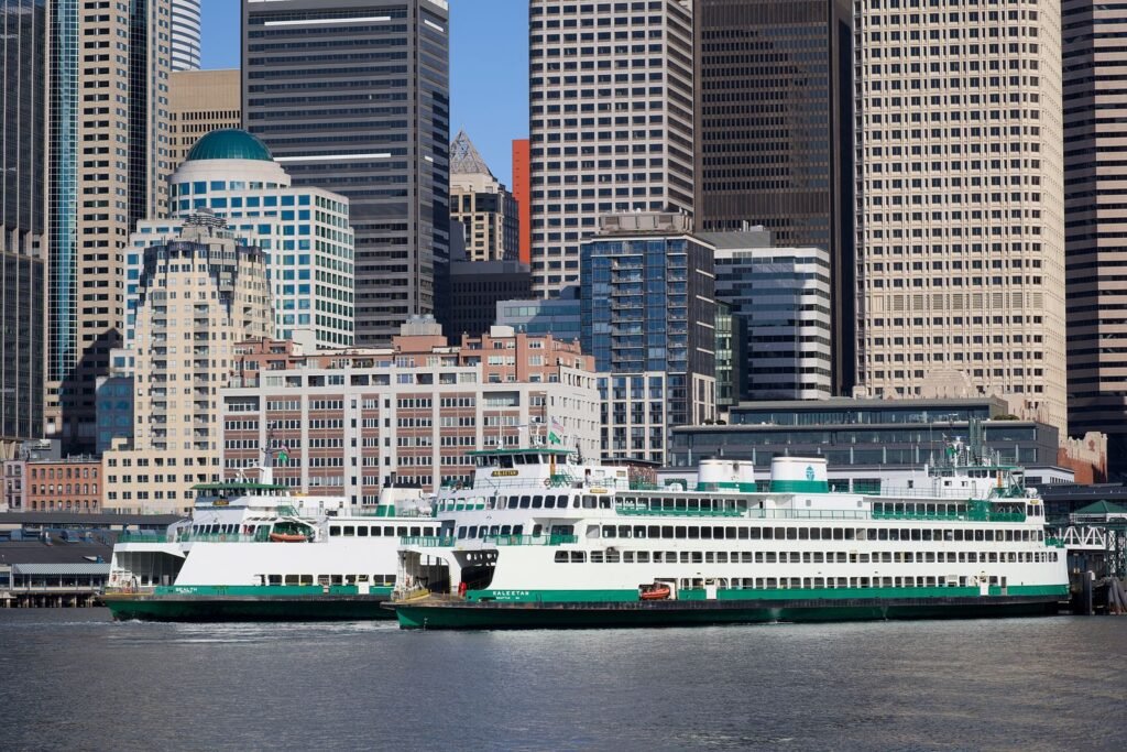 Ferries on Puget Sound with the Seattle waterfront skyline in the distance